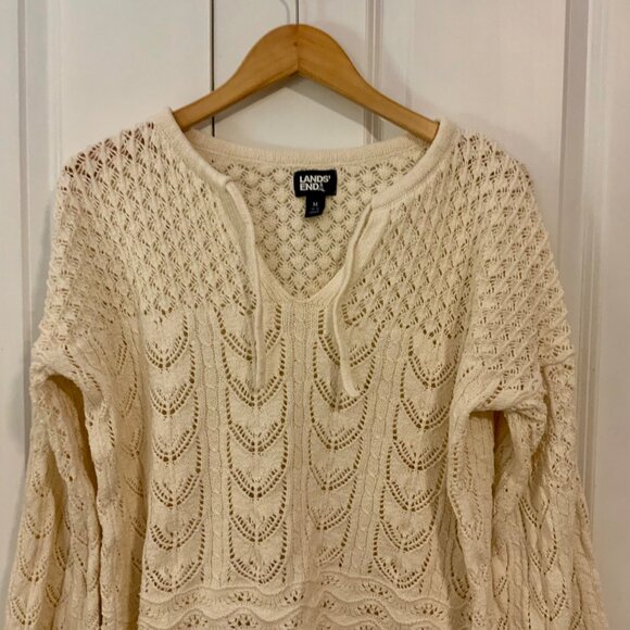 Lands’ End Ivory Pointelle Notch Neck Long Sleeve Sweater Medium - Picture 3 of 11